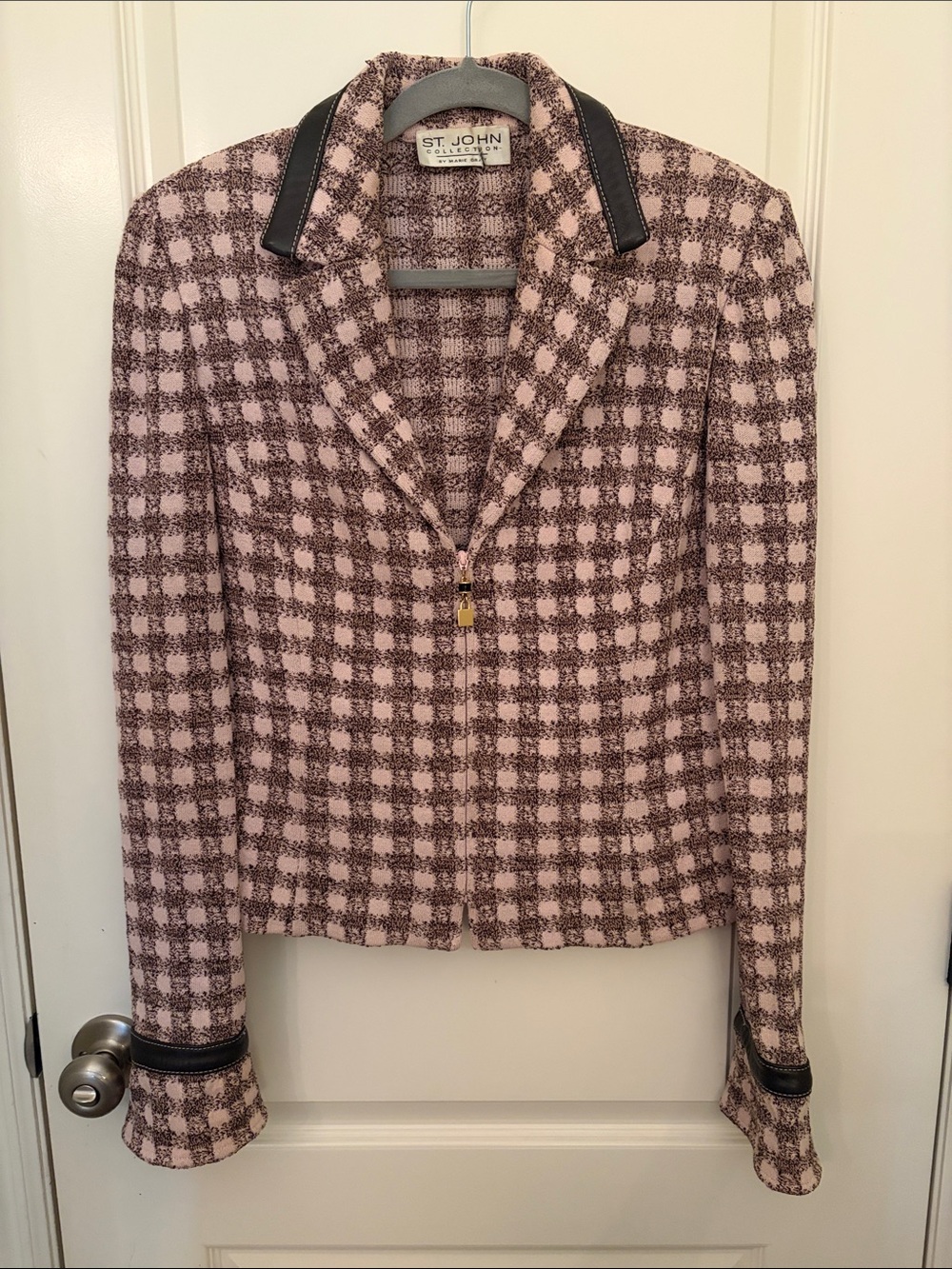 St. John Collection Pink and Brown Check Knit Zip Blazer-Vintage-Leather Trim.